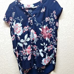 Navy shirt floral design.